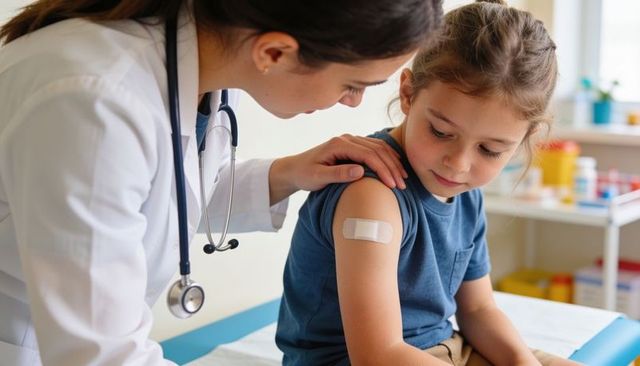 Pediatrician comforting child after vaccination in bright clinic with adhesive bandage