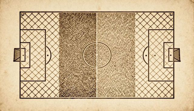 Top-down vintage soccer field blueprint on aged parchment with ink hatching and symmetry