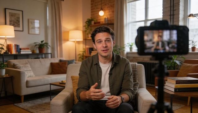 Vlogger speaking to camera in warm minimalist living room, home studio, content creator