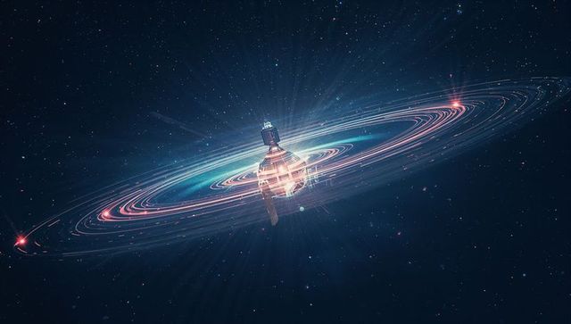 Futuristic Metallic Sphere Emitting Neon Beams in Space