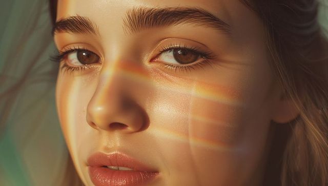 Daydreaming Adult Female with Ethereal Rainbow Light Reflection