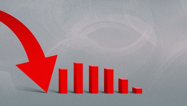 3d red descending bar chart with arrow over gray background