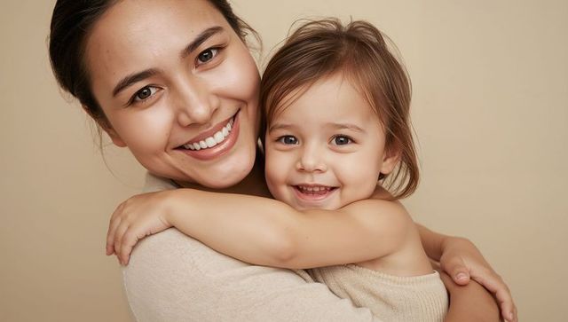 Smiling mother hugging toddler, sharing warm affectionate bond and joyful family portrait
