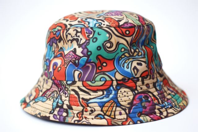 A graffiti-patterned bucket hat features vibrant and colorful abstract designs styled against a white background. This vivid hat is ideal for fashion contexts illustrating streetwear trends, or it could be used in retail promotions for stylish and trendy accessories. This distinctive piece is excellent for use in content related to summer fashion, urban style, or youth lifestyle.