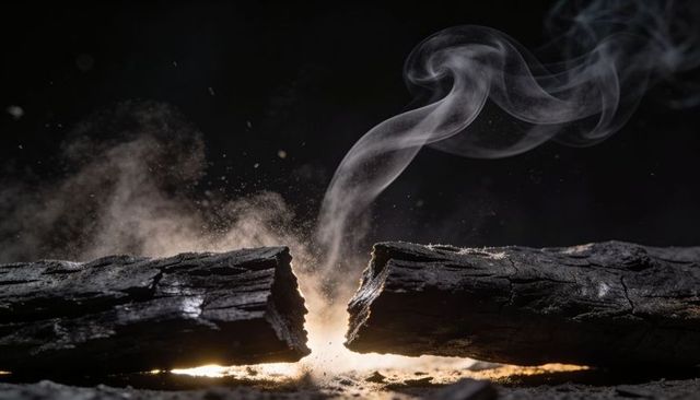 Smoldering charred log halves splitting, emitting glowing embers, dust and curling smoke