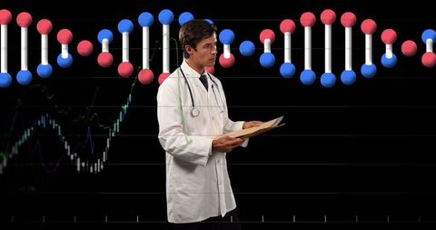 Research Scientist Analyzing Medical Data with DNA Visualization