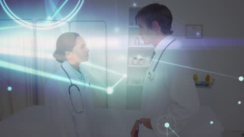 Doctors Engaging in Discussion with Digital Network Overlay