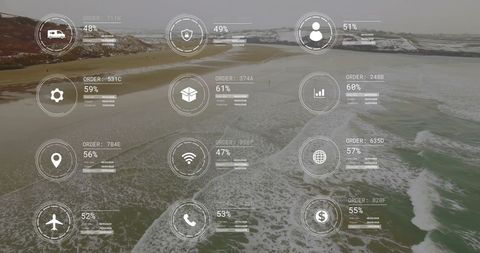 Digital data icons overlay on coastal landscape