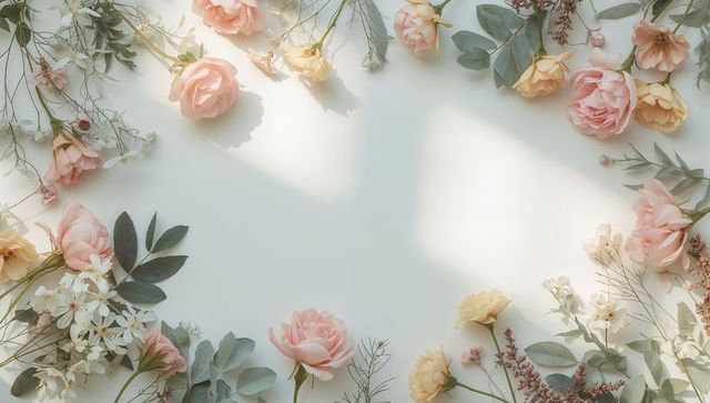 Pastel rose floral border flatlay with blush and peach roses, eucalyptus and dried grasses