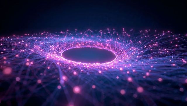 Forming luminous torus network with glowing nodes and neon filament mesh