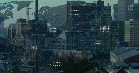 Futuristic City Skyline with Digital World Map Overlay