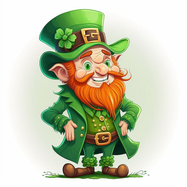 Cheerful leprechaun, depicted with a green hat adorned with a four-leaf clover, and a bright red beard. Perfect for use in Saint Patrick's Day promotions, Irish folklore themes, or as a mascot for Celtic events and branding.