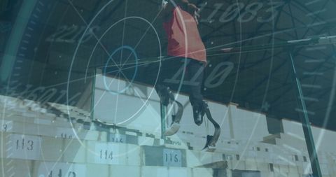 Athlete with prosthetic leg running, target tracking sports motion overlay