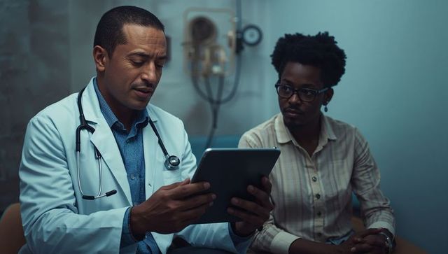 Doctor Reviewing Medical Data on Tablet with Patient at Clinic