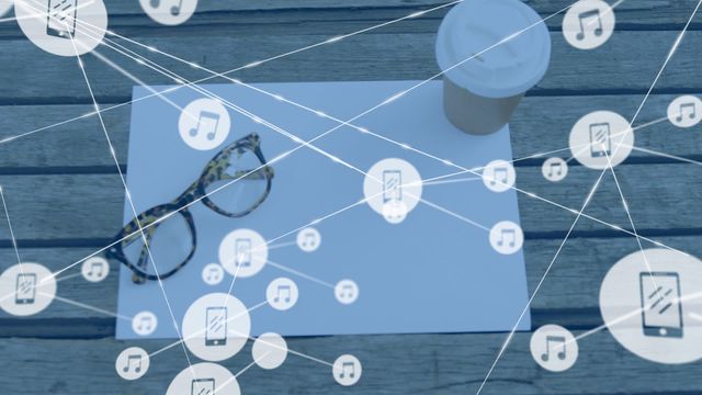 This video shows a concept of digital connectivity and networking, featuring graphical icons representing data and music overlaid on a wooden table with a pair of glasses, a sheet of paper, and a disposable coffee cup. It is suitable for illustrating themes related to information technology, modern communication, workspaces, and technological innovations. This video can be used in blogs, presentations, websites, and marketing materials to highlight digital transformation and connectivity.