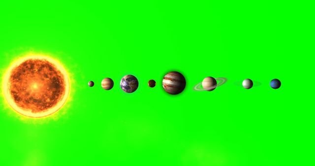 Depiction of solar system planets aligned in a straight line against a vibrant green background. Features sun and planets from Mercury to Neptune in sequence. Useful for education on planetary order, astronomy illustrations, science presentations, space-related projects, and creative backgrounds for digital content.