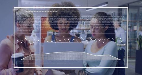 Three women collaborating on laptop with interactive hud and dashboard visualization