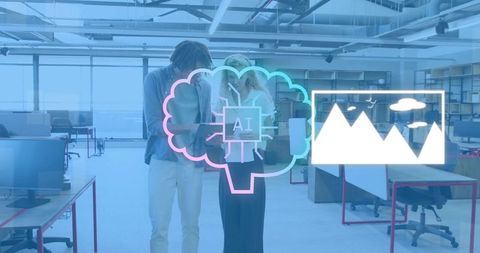 Collaborating Coworkers Leaning Over Tablet With Neon AI Overlay In Modern Open Office