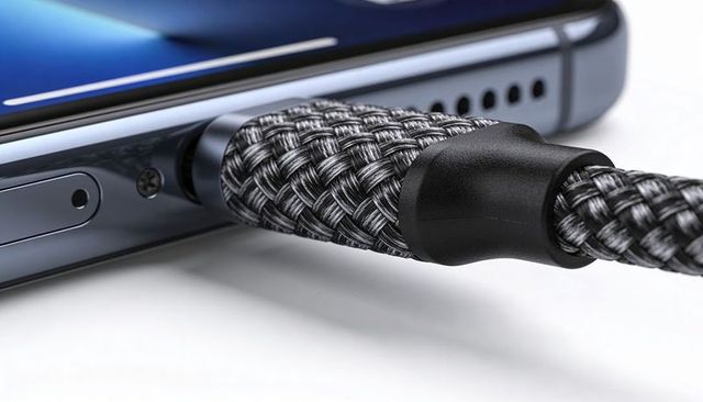 Braided usb-c cable plugging into phone port with reinforced rubber strain relief closeup