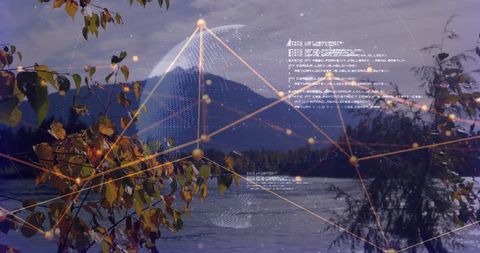 Digital Connectivity Overlaid on Serene Mountain Lake Landscape