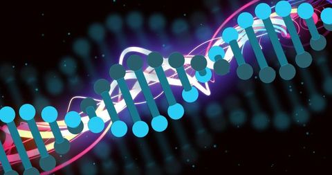 Glowing dna helix twisting through neon ribbons with nodes representing genetic technology