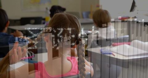 Braided Student Engaging with Bar Chart Overlay in Classroom