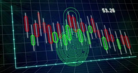 Neon Fingerprint Lock Overlaying Red and Green Candlesticks on Digital Grid