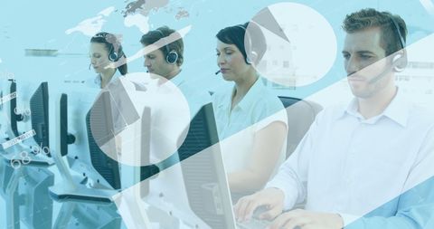 Diverse team providing customer support using headsets in modern office