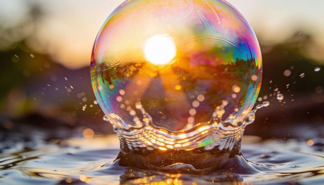 Iridescent bubble landing in water creating crown splash at sunset backlit rainbow bokeh