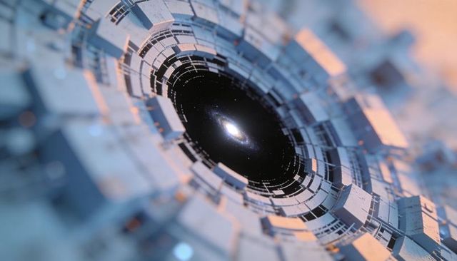 Futuristic torus portal revealing spiral galaxy through metallic ring tunnel