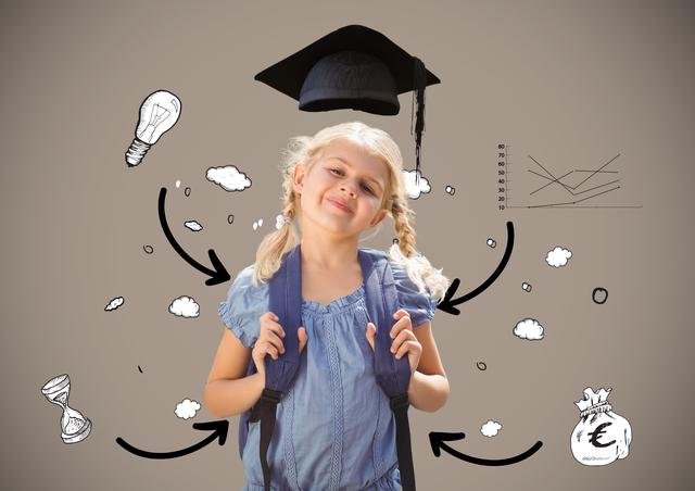 Young schoolgirl with braided hair and backpack is smiling confidently while surrounded by various educational icons such as a light bulb, graduation hat, Euro bag, and arrows. Concept represents learning, goals, motivation, and academic pursuits. Suitable for educational websites, motivational content, preschool or elementary school promotions and learning material visuals.