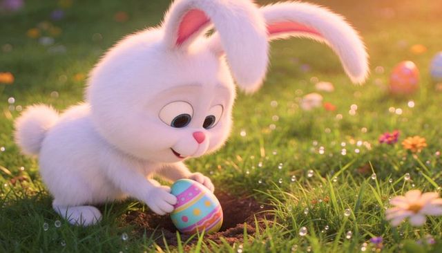 Fluffy white bunny placing painted easter egg in dewy meadow at golden sunrise