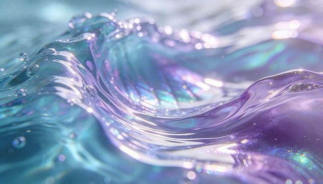 Iridescent liquid wave crest glossy abstract background with bokeh and droplets