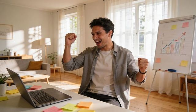 Remote worker celebrating success at home office with laptop and growth chart