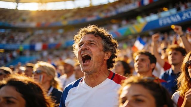 Middle-aged fan shouting and cheering in crowded stadium during vibrant soccer tournament