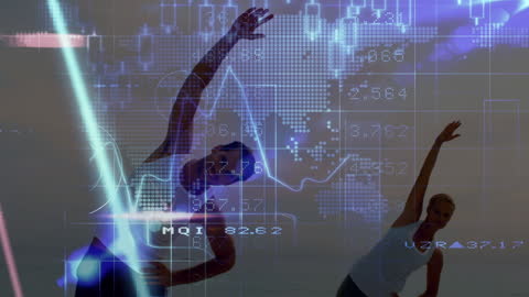 Caucasian Couple Exercising with Virtual Data Overlay at Beach