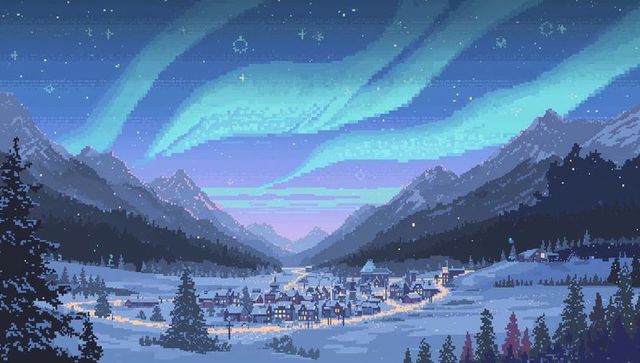 Pixel art snowy alpine village with glowing lights and dancing aurora over mountain valley