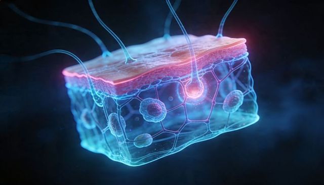 Translucent glowing 3d skin cross-section showing neural filaments and cellular matrix