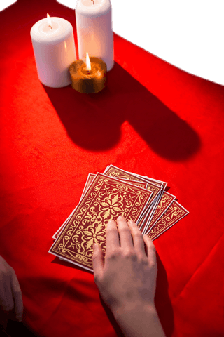 Tarot Cards and Candles on Red Transparent Background