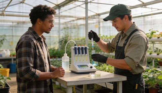 Greenhouse technicians transferring blue solution for plant research and cultivation