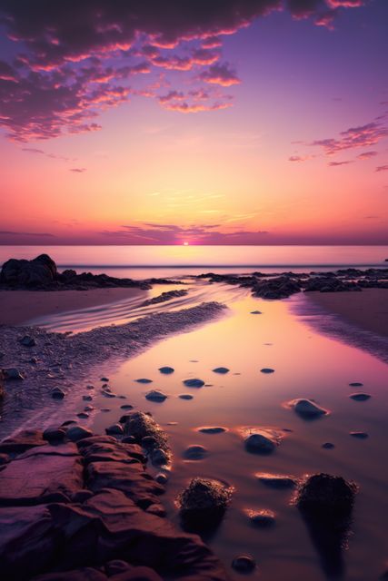 Mesmerizing Purple Sunset Over Rocky Beach - Download Free Stock Images Pikwizard.com