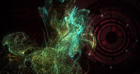 Swirling neon particle cloud meeting HUD ring, emitting turquoise green digital energy