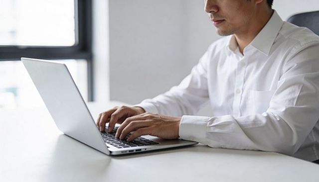 Asian man typing on laptop at bright minimalist desk for remote work and productivity