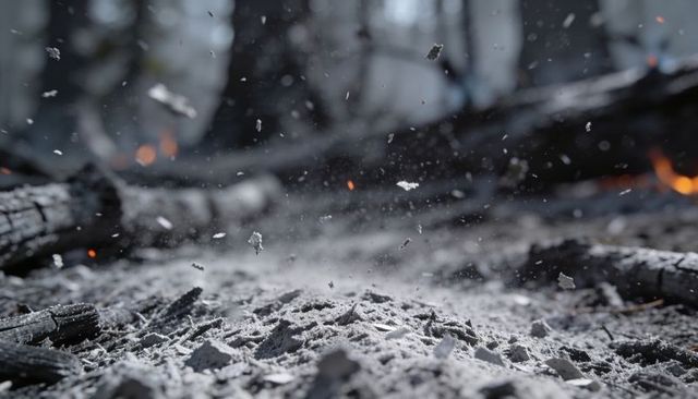 Smoldering ash mound emitting smoke on burned forest floor with charred logs and embers
