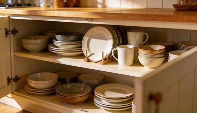 Organizing stoneware and ceramic mugs in open wooden kitchen cabinet, rustic dinnerware display