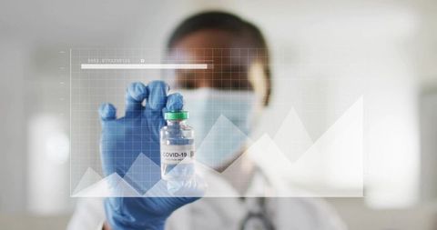 Nurse Holding COVID-19 Vaccine Vial Wearing Mask and Gloves with Data Chart Overlay