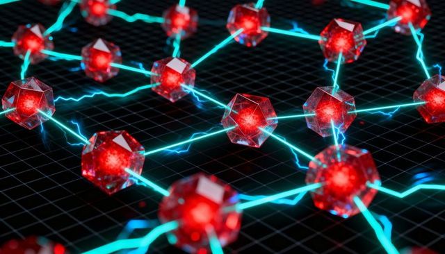 Glowing red crystal nodes connecting with cyan electric arcs, network visualization