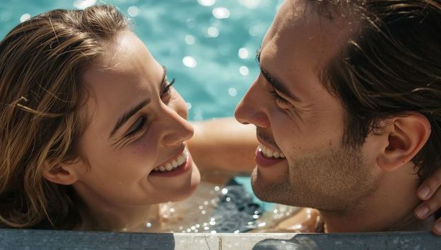 Smiling romantic couple leaning close in sunlit outdoor pool sharing intimate moment