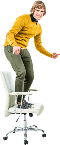 Transparent Hipster Businessman Energetically Standing on Office Chair