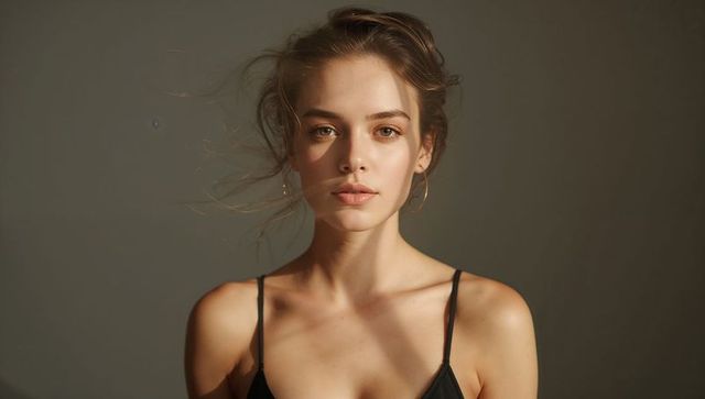 Serene young woman posing in black spaghetti-strap top with gold hoop earrings, soft light